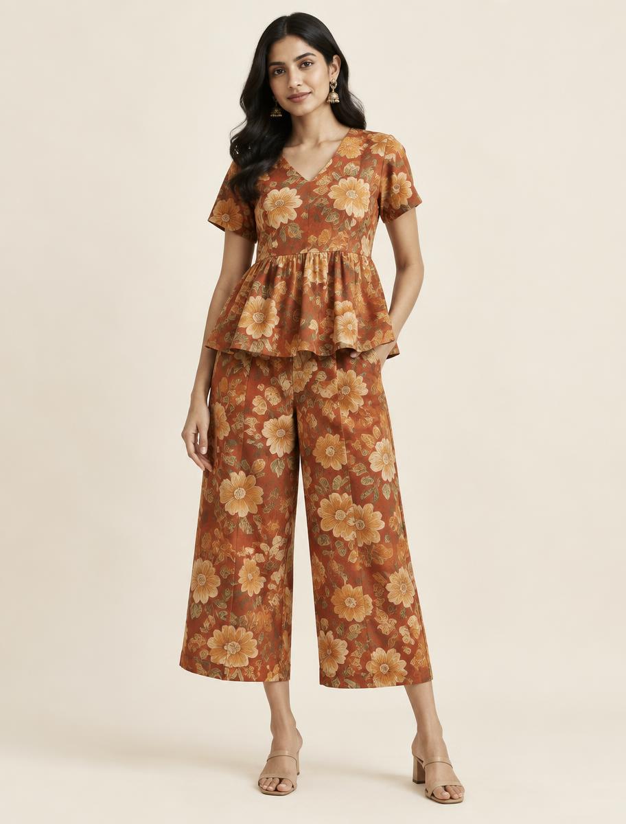 Maya Floral Printed Peplum Co-Ord Set — Rust & Ochre
