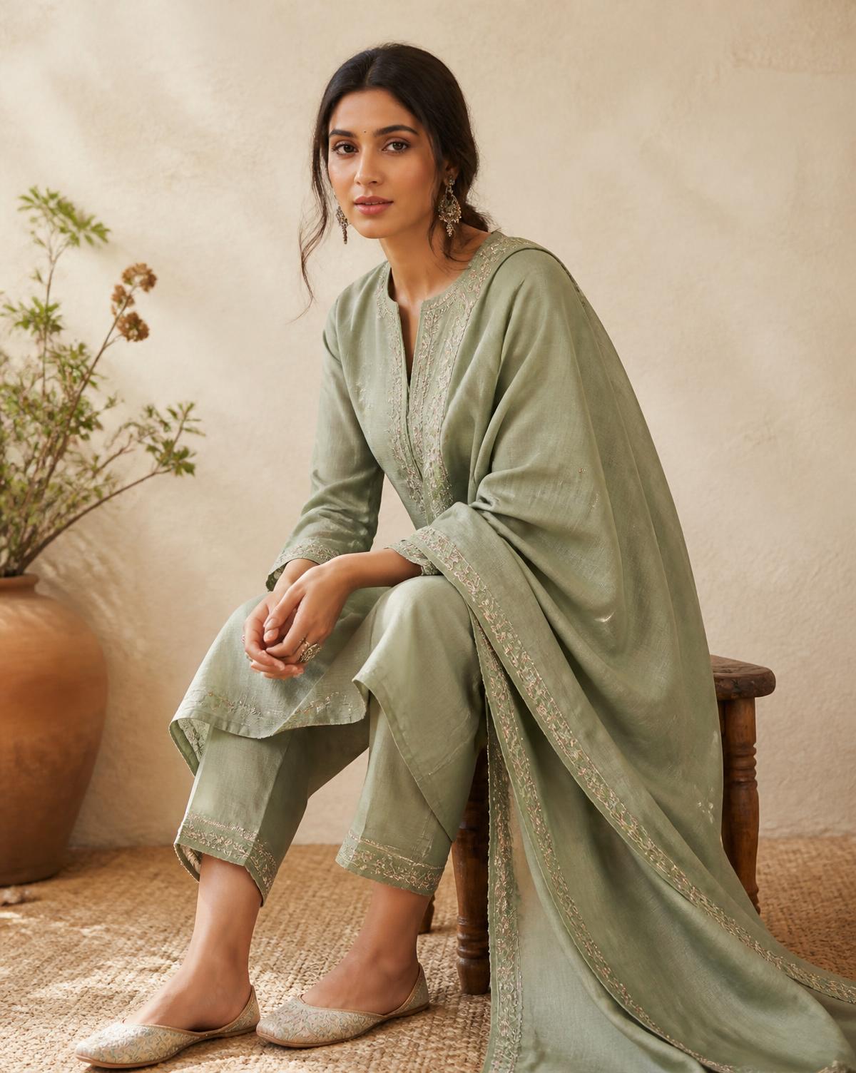 Model in a sage green kurta set with dupatta, seated in natural light