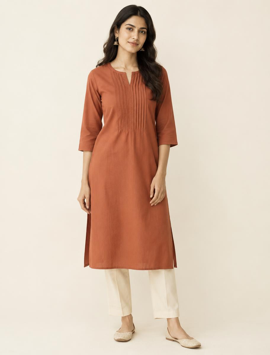 Meera Solid Cotton Tunic Kurti — Earthy Terracotta