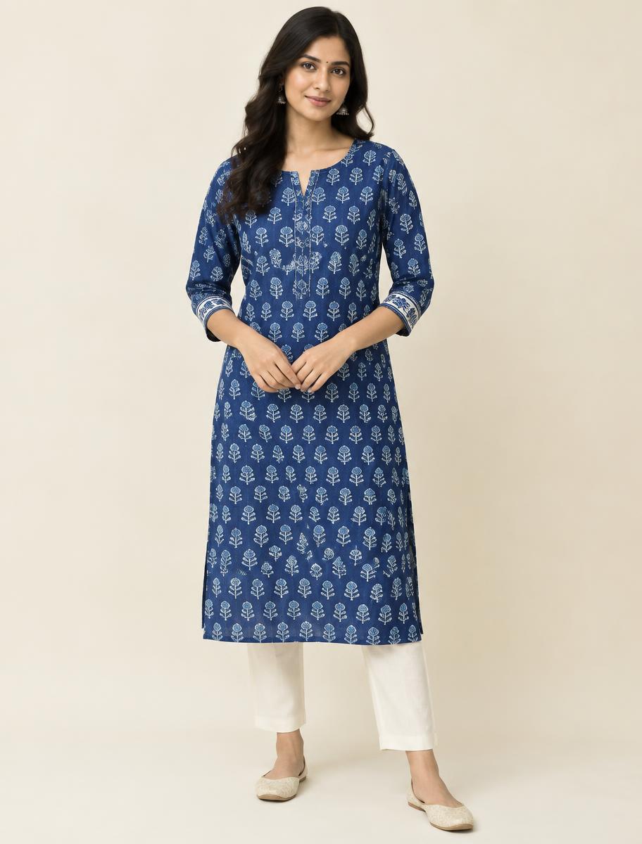 Tara Jaipuri Block-Print Kurti — Indigo Blue