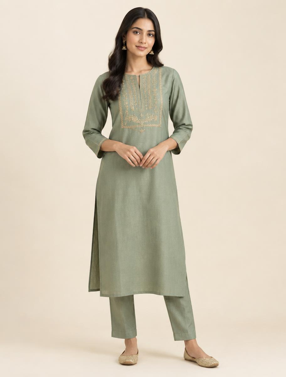 Noor Embroidered Kurta & Pant Set — Sage Green